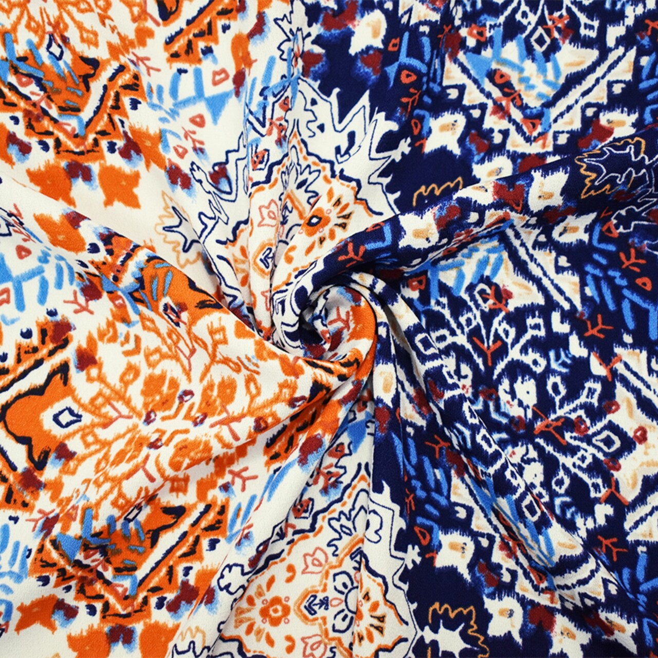 Deep Blue-Orange-Multi Aztec Printed Momie Crepe Georgette Woven Fabric By the Yard
